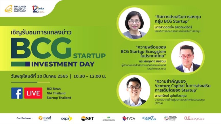 บีโอไอ เตรียมจัดมหกรรม ‘BCG Startup Investment Day’ ส่งเสริมกลุ่มวิสาหกิจเริ่มต้นเข้าถึงแหล่งทุน