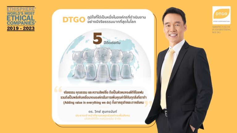 ดีทีจีโอ ได้รับเลือกเป็นหนึ่งในบริษัทที่ดำเนินงานอย่างมีจริยธรรมมากที่สุดในโลก ประจำปี 2023 และเป็นองค์กรแรกของไทยที่ได้รับเลือกถึง 5 ปีติดต่อกัน
